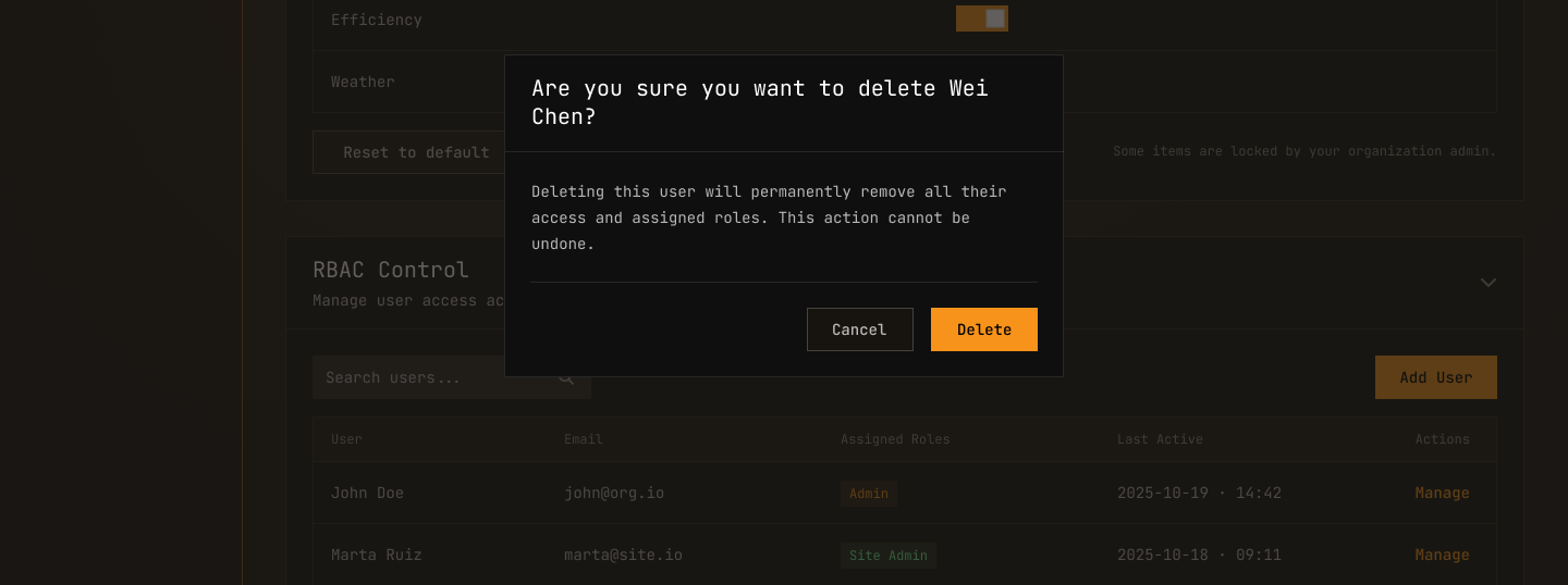 Delete User confirmation dialog
